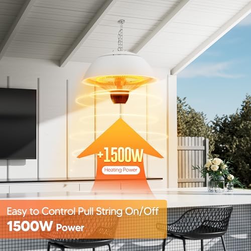 Danluke Outdoor Electric Patio Heater, 1500W Infrared Hanging Heater, Ceiling Mounted Carbon Fiber Heater for Patio, Porch, Garage and Balcony, White - Image 4