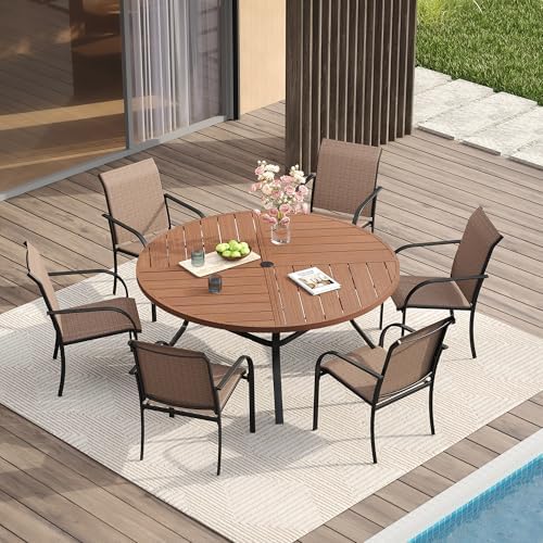 VICLLAX Patio Table and Chair Set of 6, All Weather Metal Round Outdoor Dining Furniture Set-50 Round Outdoor Table and Chairs, Walnut Wood Grain Tabletop by HOME
