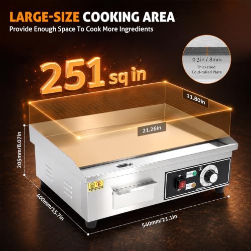 WICHEMI Commercial Electric Griddle Flat Top Grill Stainless 22'' 3000W - Image 4