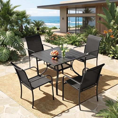 Incbruce 5 Pieces Patio Dining Set, Outdoor Dining Set of 4 Textilene Chairs and Square Table with Umbrella Hole for Backyard, Garden, and Poolside (Black) - Image 7