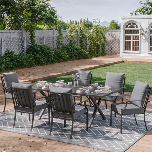 ALAULM 7-Piece Patio Dining Table and Chairs Outdoor Dining Set for 6 Patio Dining Sets with Rectangular Metal Table with Umbrella Hole for Patio, Backyard, Garden-Grey - Image 2