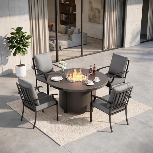 5 Pieces Outdoor Patio Furniture Set with 48" 55000 BTU Round Propane Fire Pit Table,Patio Dining Set Outdoor Conversation Sets 4 Chairs for Deck,Backyard and Garden,Grey by RTDTD