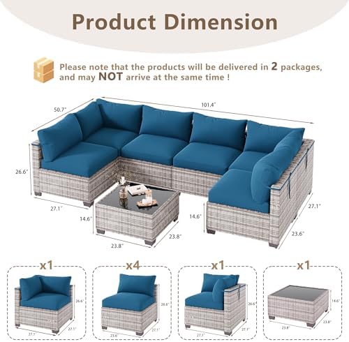 LOUVIXA 7 Piece Outdoor Patio Furniture Set, Outdoor Sectional Sofa, Wicker Rattan Patio Furniture, Patio Conversation Set with Coffee Table & Cushions - Image 2