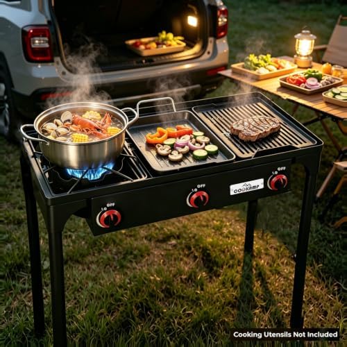 COOKAMP High Pressure Triple Propane Burner Outdoor Propane Camping Stove with 0-20 PSI Adjustable High Pressuer Regulator and Steel Braided Hose 3 Burner Stove Brewing Supply SA3500 - Image 4