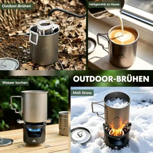 THTYBROS Titanium Cup Ultralight Camping Mug with Foldable Handle & Lid, Pure Titanium Cookware for Outdoor Hiking, Backpacking, Picnic, and Campfire - Image 4
