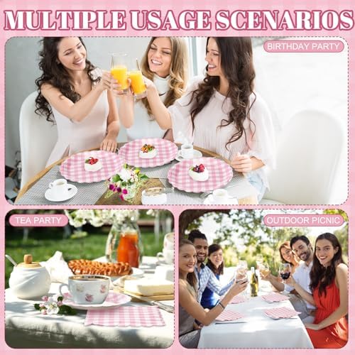 Roshtia 120 Pcs Pink Gingham Plates and Napkins Set, for Girls Baby Shower - Image 6