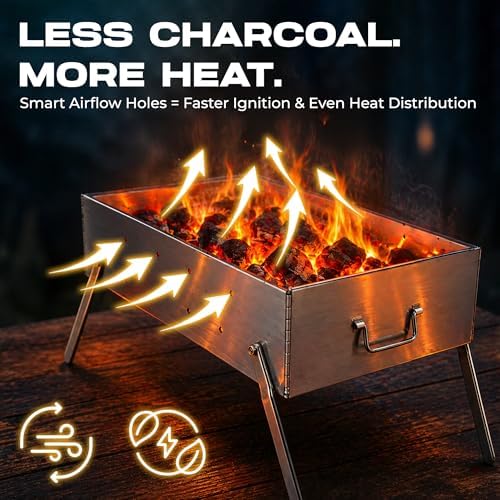 TSG Portable Stainless Steel Mangal Charcoal Grill For Shish Kebab, Steaks, Burgers | 20X12Inch| Includes 6 Skewers, 2 Tongs & Carry Bag | Foldable & Rustproof for Outdoor Cooking | Serves 8-12 People - Image 4