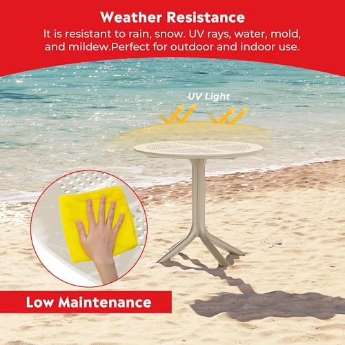 Costaelm Small Patio Table, Outdoor Round Dining Table, Weather Resistant Outside Table for Poolside Deck Lawn Garden Backyard, Sand - Image 4
