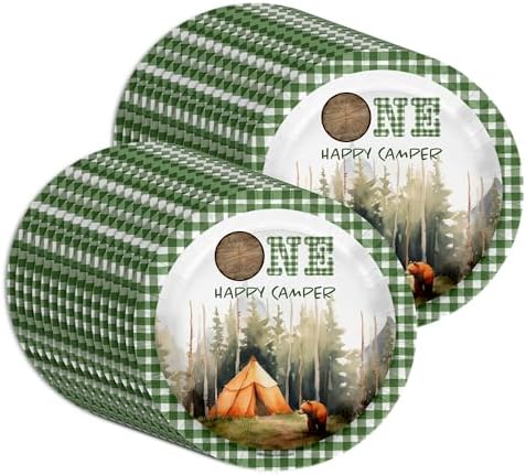 One Happy Camper Boy's First Birthday - 32 Piece Disposable Party Supplies - Decorations for Camping 1st Birthday Round Party Plates - Large 9" Paper Plates In Bulk - Image 5