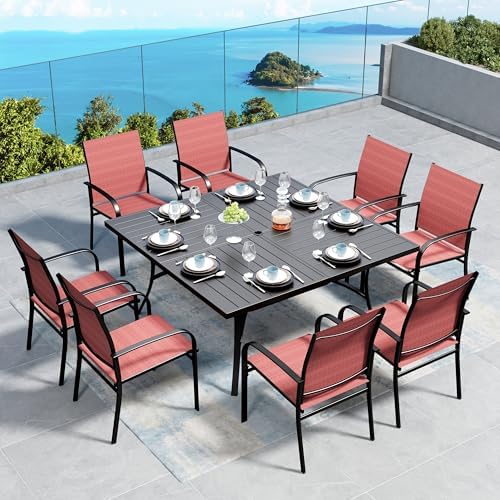 SUNSHINE VALLEY 9pc Patio Dining Set, 57.5" Square Table & 8 Red Chairs by SUNSHINEVALLEY