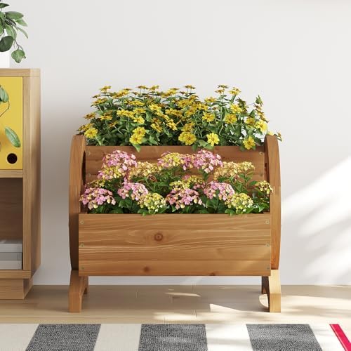 Wooden Wagon Planter Box, Standing Garden Planter, Decorative Outdoor Container,Coffee - Image 2