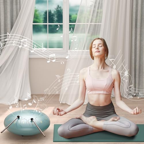 D Major Steel Tongue Drum Handpan, 12 Inch 13 Note Rain Drum for Garden Outside, Meditation Rain Chime, Musical Percussion Instrument for Adult Gift with Bag, Music Book, Drum Mallets (Moss Blue) - Image 5
