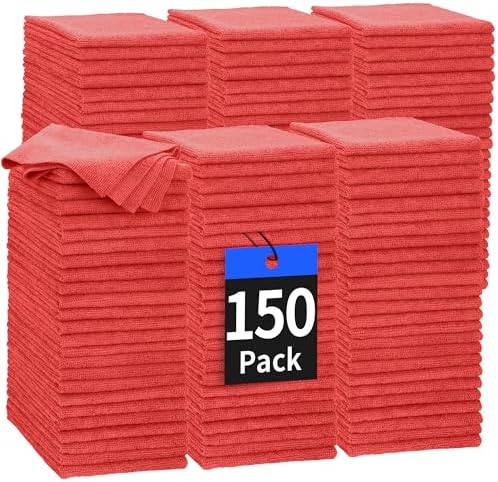 Microfiber Cleaning Cloth, 150 Pack Cleaning Rags Microfiber Towel Bulk Absorbent Lint-Free WashCloths, All-Purpose Towels for Cars, Shop, Automotive, Garage, Home Kitchen 11.5"*11.5", Red by HOMERHYME