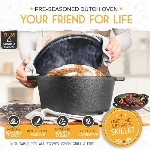 Crovora Pre-Seasoned Cast Iron Dutch Oven for Bread Baking with Skillet Lid - Incl. Sourdough Bread Baking Supplies like Banneton Bread Proofing Basket, 5QT Cast Iron Bread Pan, Bread Oven - Image 6