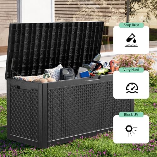 ROJIK Outdoor Storage Housing Deck Box - Waterproof Patio Furniture, Garden Tools, Cushions, Pool Accessories Storage Bench with Lockable Lid and Side Handles (Black,125 Gal) - Image 5