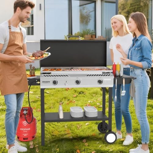 ROVSUN 2-in-1 Propane Stove & 33'' Griddle Combo with Ignition, 3 Burner 225,000 BTU Gas Stove & Grill with Side Shelves, Rolling Wheel & Regulator for Home Outdoor Backyard Camping Cooking Grilling - Image 7