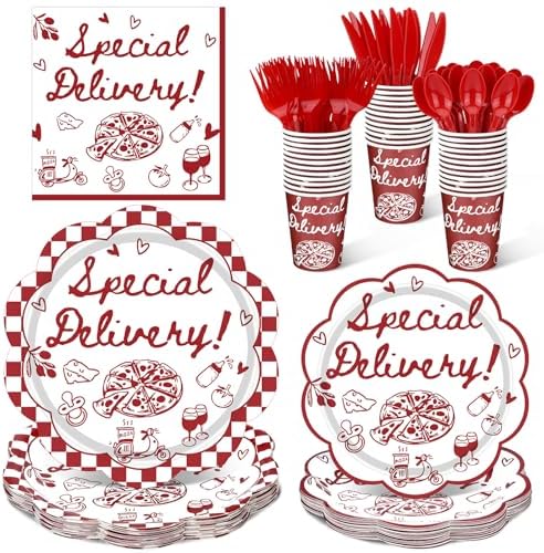 Zubebe 175 Pcs Special Delivery Pizza Baby Shower Tableware Set Serves 25 by Zubebe