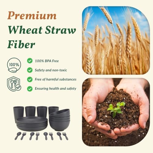 Wheat Straw Dinnerware Sets, Homienly 20pcs Unbreakable Microwave Dishwasher Safe Tableware Lightweight Bowls, Cups, Plates Set Reusable Dinner Plates Bowls set (Dark Grey) - Image 3