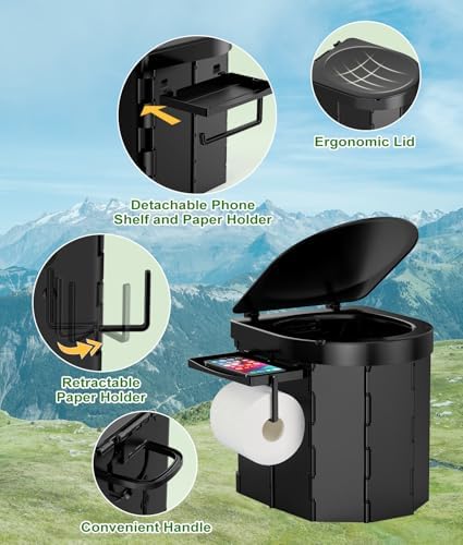 PAHTTO Portable Camping Toilet, Foldable Toilet for Adults with Detachable Phone Shelf and Toilet Paper Holder, Waterproof Porta Potty with Lid for Camping, Hiking, RV Travel, Road Trips - Image 2
