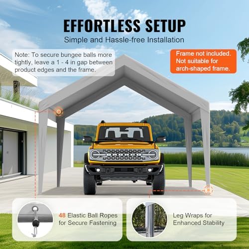 VEVOR Carport Replacement Canopy Cover 12 x 20 ft, Garage Top Tent Shelter Tarp Heavy-Duty Waterproof & UV Protected, Easy Installation with Ball Bungees,Grey (Only Top Cover, Frame Not Include) - Image 5