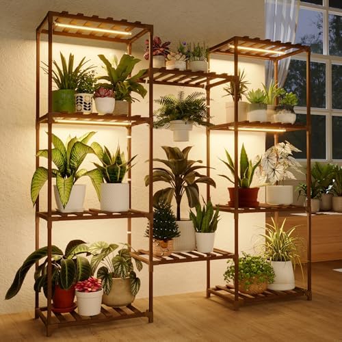 Bamworld Plant Stand with Grow Lights Large Plant Shelf for Mutiple Pots Plant Holder for Living Room Patio Boho Home Decor for Gardening Warm Light by Bamworld