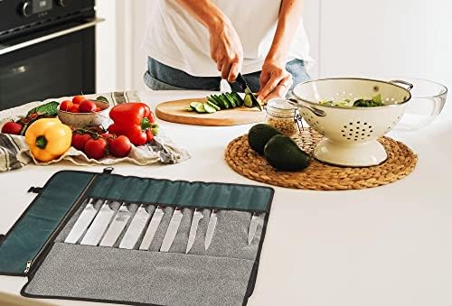 Denifiter Professional Chef's Knife Bag with Anti Cutting Fabric Inside, Heavy Duty 16oz Waxed Canvas Knife Roll, 11 Slots & Durable Handle Adjustable Shoulder Strap (Dark Green) - Image 6