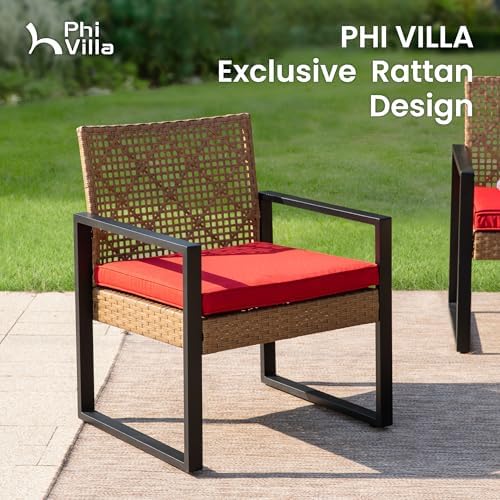 PHI VILLA 4 Piece Brown Wicker Patio Furniture Set with Red Cushion - Image 4