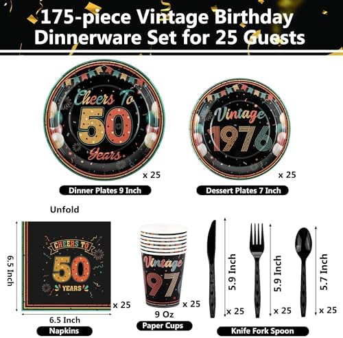Kochorie 175 Pieces Vintage 50th Birthday Party Supplies Cheers to 50 Years Birthday Party Table Decoration Back in 1976 Tableware Set 7 Inch & 9 Inch Paper Plates Napkins Cups Cutlery Serves 25 - Image 2