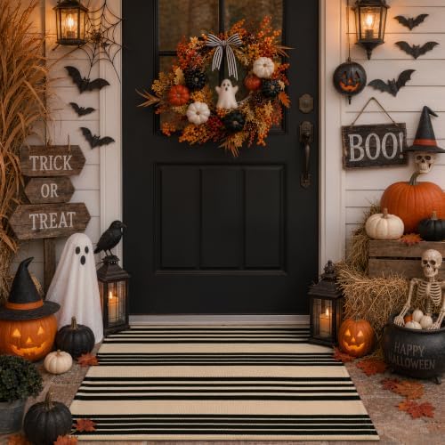 Fall Front Door Mat 24"x35", Cotton Washable Striped Outdoor Rug - Image 6