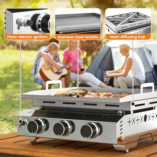 WAA 24000BTU Portable Propane Griddle, Tabletop Portable Propane Gas Grill with 3 Burners, Stainless Steel Flat Top Grill, Outdoor Cooking for Tailgating, Camping, RVs, BBQ, Patio, Silver - Image 4