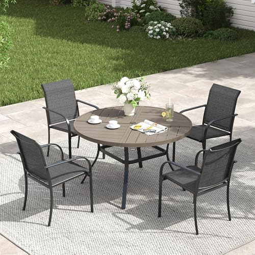 VICLLAX Patio Table and Chair Set of 4, All Weather Metal Round Outdoor Dining Furniture Set-40.6" Round Outdoor Table and Chairs, Grey Wood Grain Tabletop by HOME