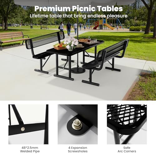 6FT Metal Picnic Tables for Outdoors, Commercial Rectangular Picnic Table for Outside, Park, Campfield, Patio, Garden, Yard, Thermoplastic Coating, Surface Mounted, Black - Image 5