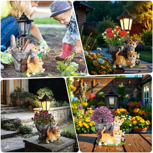 Solar Cat Outdoor Statues, Garden Sculptures with Flowerpot & Lantern - Image 5