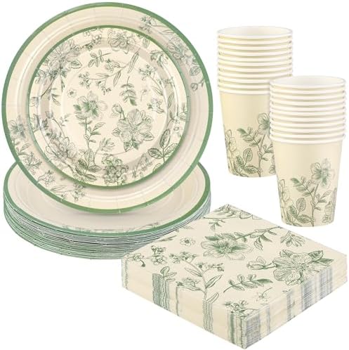 Kochorie 96 Pieces Sage Green Floral Party Supplies Elegant Floral Disposable Tableware Set Includes 9 Inch and 7 Inch Paper Plates, Cups, Napkins Serves 24 Guests for Birthday Baby Shower Wedding by Kochorie