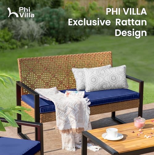 PHI VILLA 4 Piece Brown Wicker Patio Furniture Set with Navy Cushion - Image 3