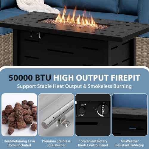 Shintenchi 8 Piece Outdoor Patio Furniture Set with 43 Inch Propane Fire Pit, Washable Cushions, Glass Coffee Table, Waterproof Cover & CSA Certified for Backyard Poolside, Natural PE Rattan/Navy Blue - Image 5
