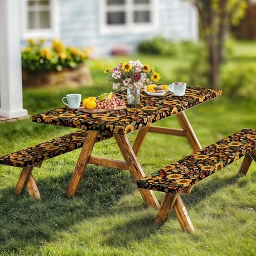 Picnic Table Cover with Bench Covers, Camping Essentials, Sunflower Flower Leaves Waterproof Windproof Patio Table Cover, Fitted Tablecloth Cover with Elastic Edge for Indoor Outdoor 3 PCS 30x60 Inch - Image 3