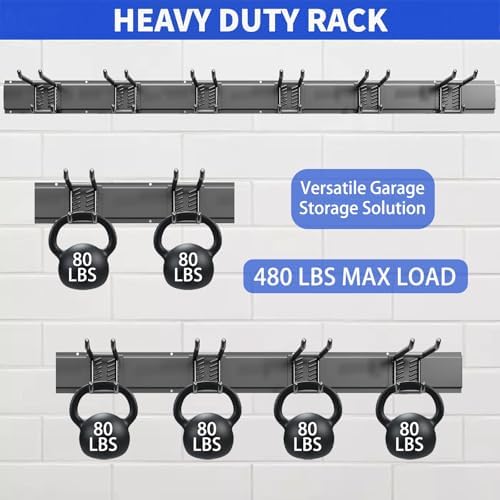 Garage Tool Organizer Wall Mount, 48 Inch Heavy Duty Garden Tool Organizer Storage System, Easy Install with 6 Adjustable Bilayer Hooks, for Garage, Basement, Shed, Workshop, Black, Steel - Image 3