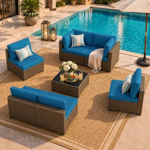 LOUVIXA 7 Piece Outdoor Patio Furniture Set, Outdoor Sectional Sofa, Wicker Rattan Patio Furniture, Patio Conversation Set with Coffee Table & Cushions by LOUVIXA