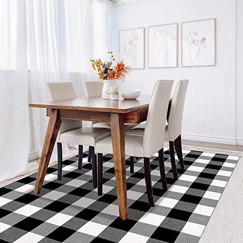 SEEKSEE Fall Decor Buffalo Plaid Rug 4' x 6' Black and White Large Front Door Mat, Layering Area Rug, Washable Cotton Rug for Outdoor Patio Entryway Indoor Living Room Kitchen Dining Room Decor - Image 4