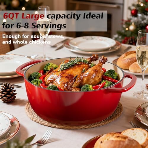 Umite Chef 6QT Enameled Cast Iron Dutch Oven with Lid, Versatile Heavy-Duty Cookware Pot for Baking Bread, Braising, Soups & Stews, Oven & Stovetop Safe with Heat Resistant Gloves（Red） - Image 6