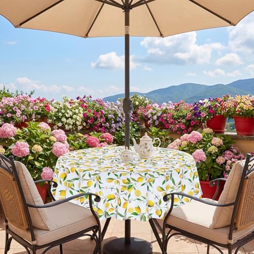SquarePie 60 inch Round Outdoor Tablecloth with Umbrella Hole - Waterproof Patio Table Cover for Spring Summer Garden Camping Poolside Picnic BBQS, Summer Lemon - Image 5