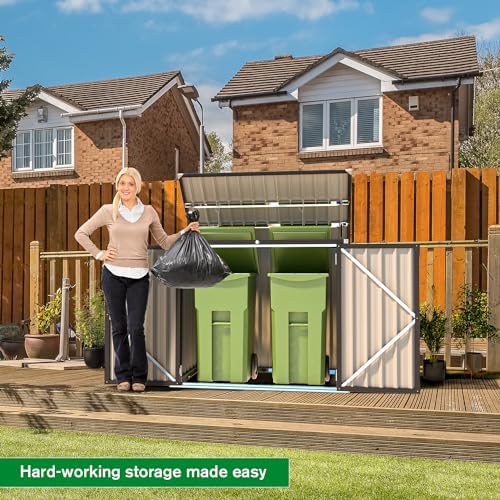 AECOJOY Outdoor Trash Can Storage Shed, 46 Cu.Ft Metal Garbage Bin Enclosure with Lift-Up Lid & Gas Strut, Waterproof Outdoor Garbage Can Organizer, Bike Shed Backyard Patio Garden, Dark Grey - Image 3
