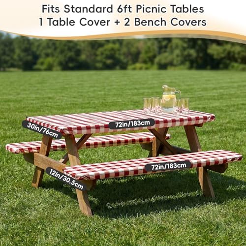 SquarePie 6FT Picnic Table Cover with Bench Covers, Burgundy Checkered - Image 4