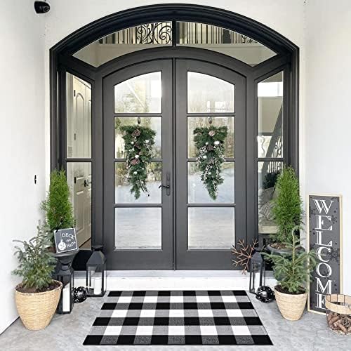 SEEKSEE Fall Decor Buffalo Plaid Outdoor Rug 27.5x43 Black and White Front Door Mat, Layering Rug for Porch, Washable Doormat, Cotton Area Rug for Outdoor Entrance Entryway Patio Porch Decor - Image 3