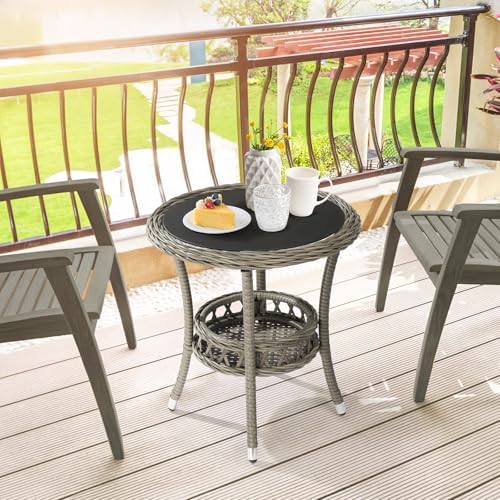 VINGLI Outdoor Wicker Side Table, Patio Side Tables for Outside Tempered Glass Top Wicker Table with Storage End Table for Balcony Porch Deck (Grey) - Image 7
