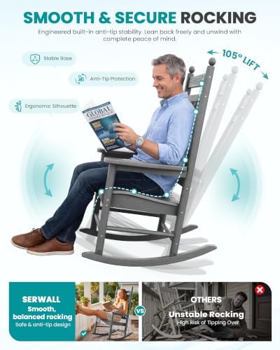 SERWALL Comfortable Outdoor Rocking Chairs Set of 3, Gray - Image 5