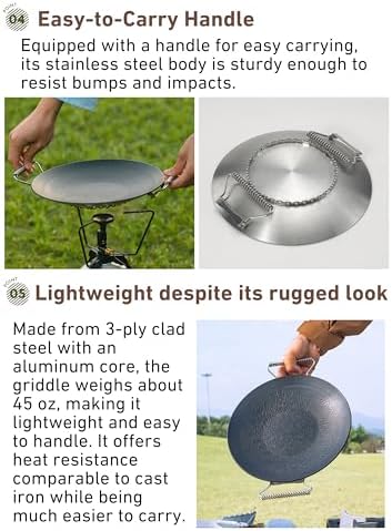 camping moon BBQ Grill Pan Dia 12.8-inch Round Griddle 3-Ply Composite Steel Nonstick Foldable Handle for Open Fire Gas Stove Outdoor & Indoor Use GRW-33F - Image 5