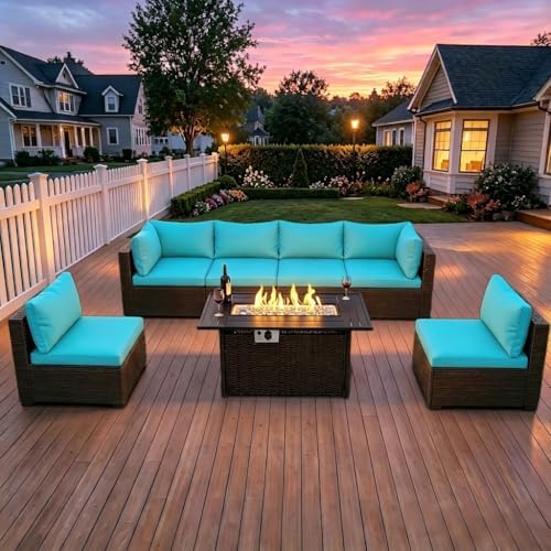 LEVELEVE 8-Piece Wicker Patio Conversation Set with 44" Propane Fire Pit Table, Cozy Outdoor Sectional Sofa for Backyard Gatherings, Poolside Lounging & Garden Parties by Enjoyyourlife