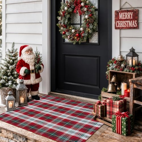 Christmas Door Mat 24"x35" Buffalo Plaid Cotton Washable Outdoor Rug - Image 3
